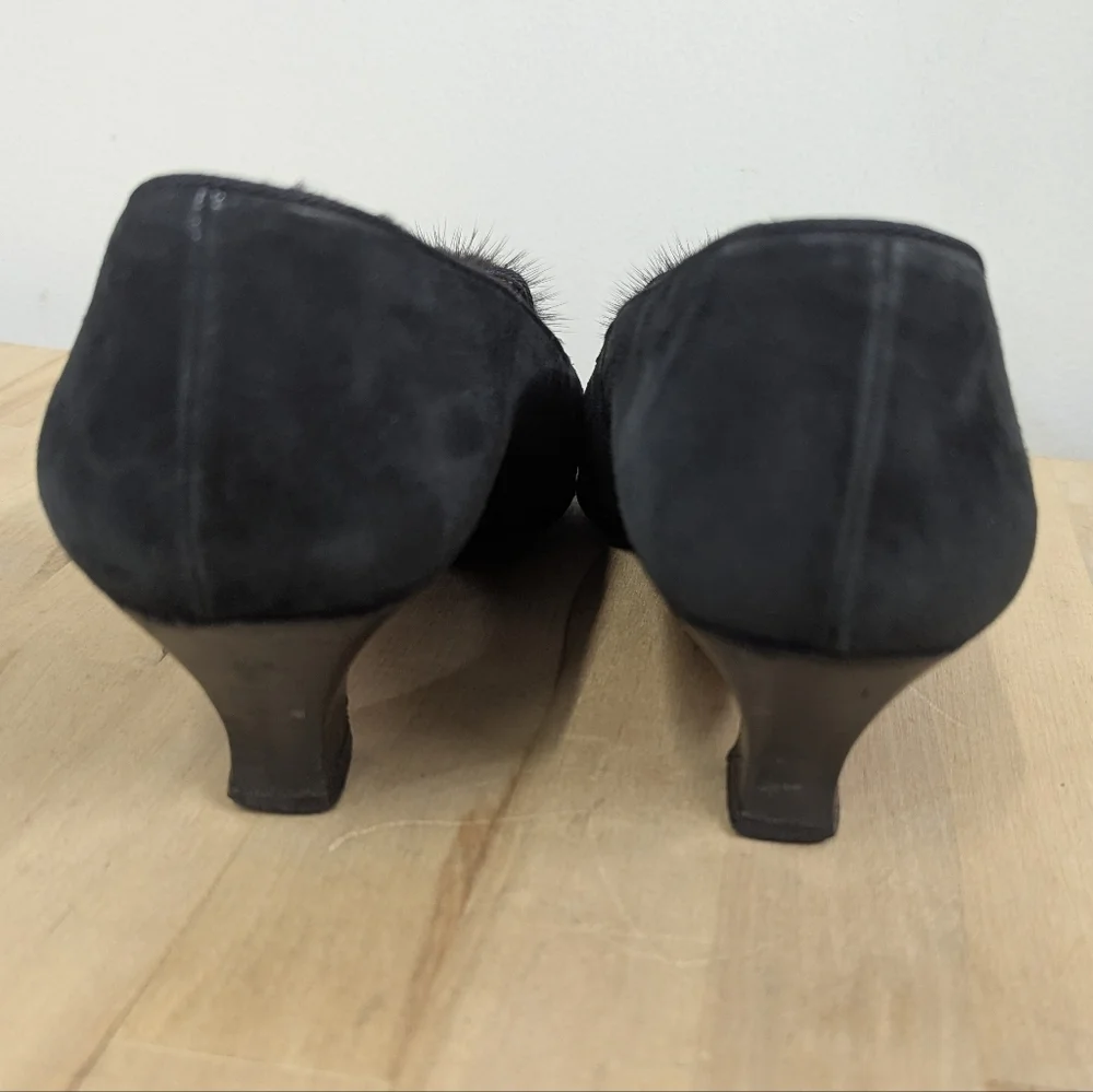 Vintage YSL Yves Saint Laurent Black Suede Shoes Low Heel Mink Pom Pom 9.5N 8